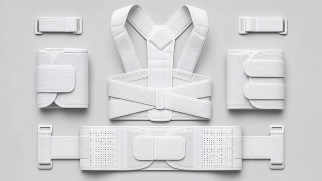A geometric composition of white medical straps on a light grey background.