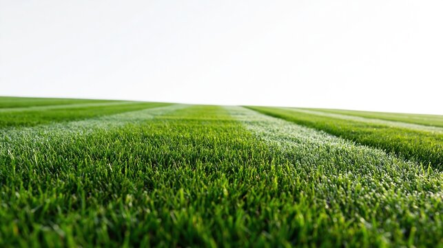 Vibrant green mowed lawn with crisp parallel stripes stretching towards a bright white sky
