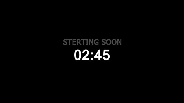 3 minutes countdown with animated text streaming starting soon,on black background.