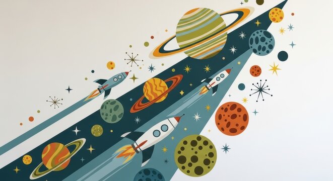 Creative Illustration of Space Exploration with Rocket Ships and Planets in a Colorful Universe
