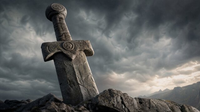 An ancient stone sword thrust into rocky ground with textured stone surface.