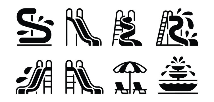 Water Slide Icon Illustration Set Featuring Black Silhouette Aqua Park Attractions Summer Recreation Leisure Entertainment Vector Design Collection