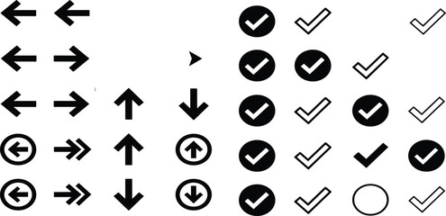 Fototapeta premium Arrow and Check Mark Icon Collection with Directional Navigation Symbols Approval and Interface Vector Illustration Set