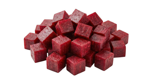 Diced beetroot cubes arranged on a white surface showcasing vibrant deep red color moist texture and natural freshness in a close up high resolution image for healthy food