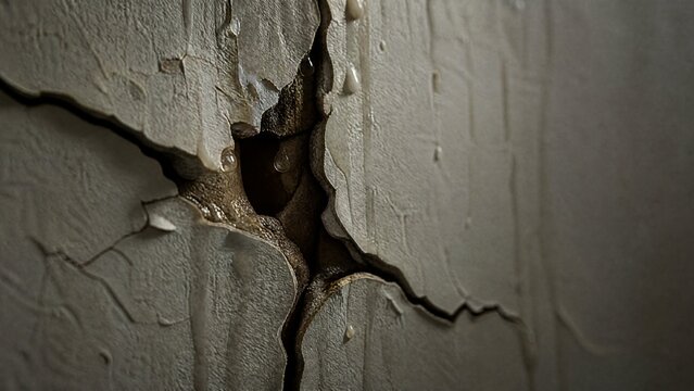 A detailed close-up of a widening crack in a plaster wall with water droplets.