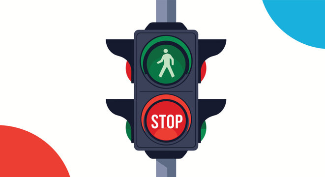 Pedestrian traffic signal showing a green walking man figure and a red stop sign indicates when it is safe for people to cross the street.