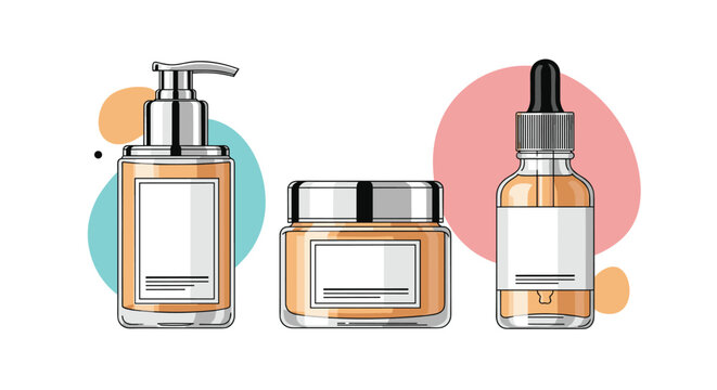 Cosmetic product set featuring a pump bottle, cream jar, and a dropper bottle of amber liquid against a soft colored abstract background.