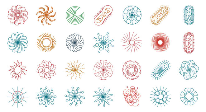Array of colorful and intricate geometric icons representing microbes or abstract patterns organized in a neat grid.