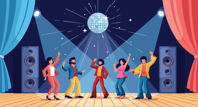 Energetic group of friends dance under a disco ball and bright spotlights on a wooden stage with large stereo speakers.