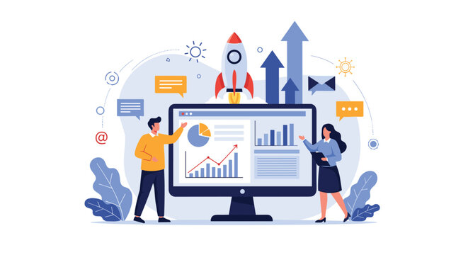 Business professionals analyzing data on a large monitor with a rocket ship launching for a successful startup business mission.
