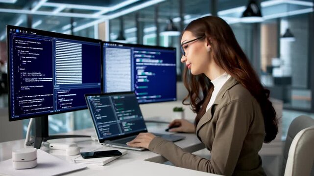 Happy Woman Coder Working On Software Programming