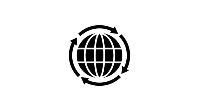 Globe with rotating arrow icon loop animation on black background.