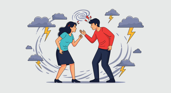 Man and woman in a heated argument surrounded by a metaphorical storm of dark clouds, lightning bolts, and a swirling vortex.