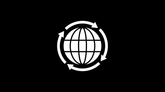 Globe with rotating arrow icon loop animation on black background.