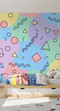 Colorful Abstract Geometric Pattern Wall Mural Behind Modern Bed Interior Design