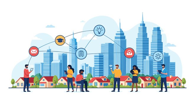 Diverse group of people using mobile devices while standing before a modern city skyline with icons representing smart city connectivity.