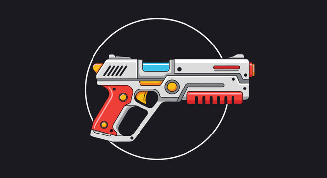 High-tech futuristic laser gun or sci-fi blaster weapon featuring a sleek white body with red and orange accents on a dark background.
