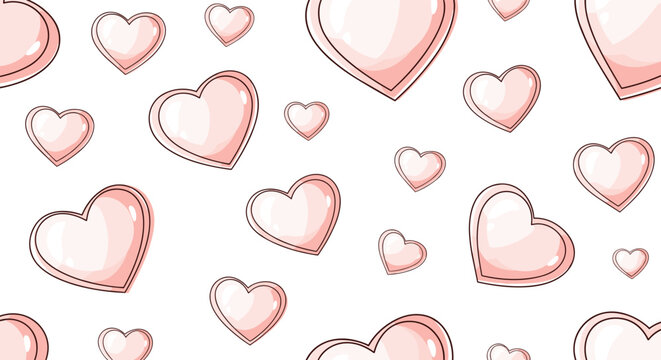 Soft pink heart shapes of various sizes create a seamless romantic pattern suitable for Valentines Day or wedding background decorations.