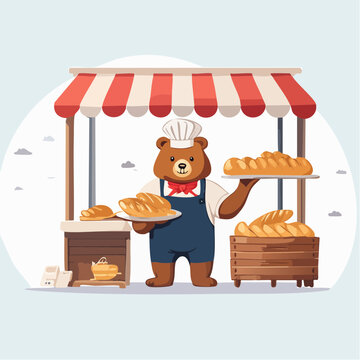 Bear Baker Selling Fresh Bread at a Stall