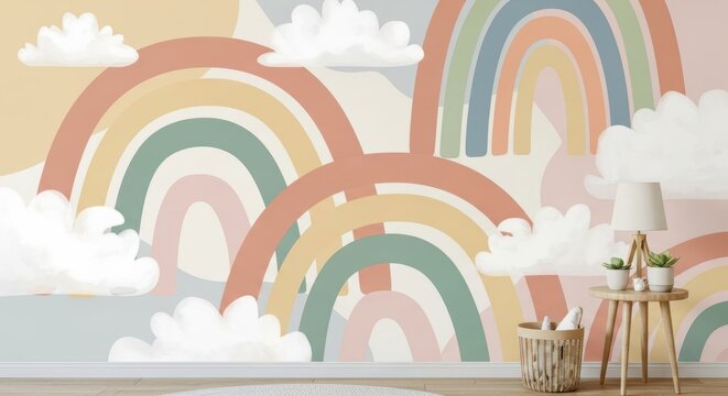 Whimsical Rainbow Mural with Fluffy Clouds in Soft Pastel Colors Interior Decor