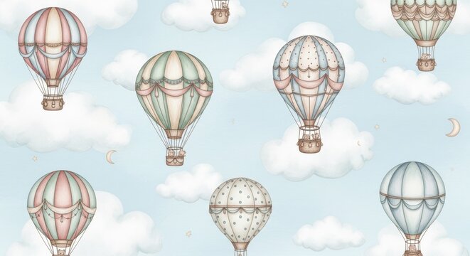 Soft pastel hot air balloons flying among fluffy clouds with a crescent moon in sky