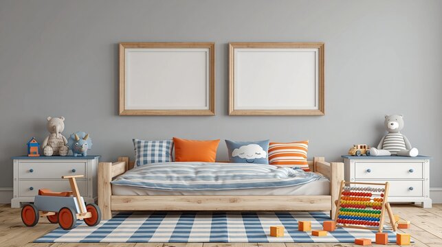 Cozy Wooden Children's Bedroom with Bedding, Toys, and Blank Frames on Wall