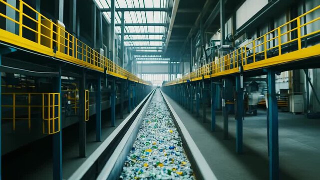 Post consumer plastic bottle waste and other mixed recyclable materials are moving along a long industrial conveyor belt in a modern sorting and separation plant