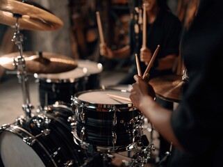 Obraz premium Close-up of hands playing a drum kit with drumsticks, emphasizing rhythm and performance