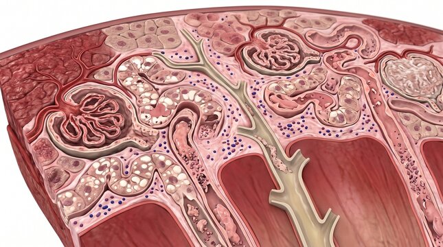 Illustration of the microscopic structure of the renal glomerulus, nephrons and capillary network of the organ.