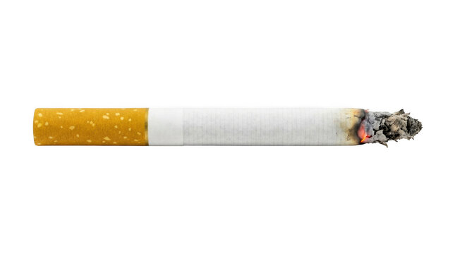 Close up of a lit cigarette with glowing ember and smoldering ash detailed textured tobacco paper warm lighting minimalistic background conveying smoking habit and health risks