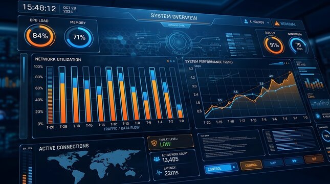 Dark blue system overview dashboard with network utilization charts and performance trends