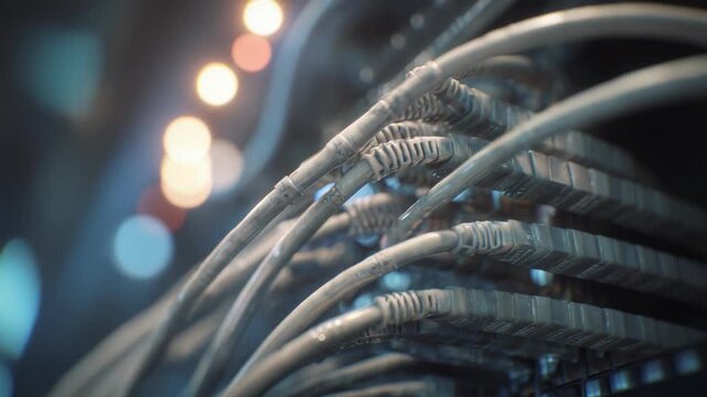Multiple network cables plugging into a server, ensuring high speed data transfer and connectivity in a digital infrastructure environment with bokeh lights