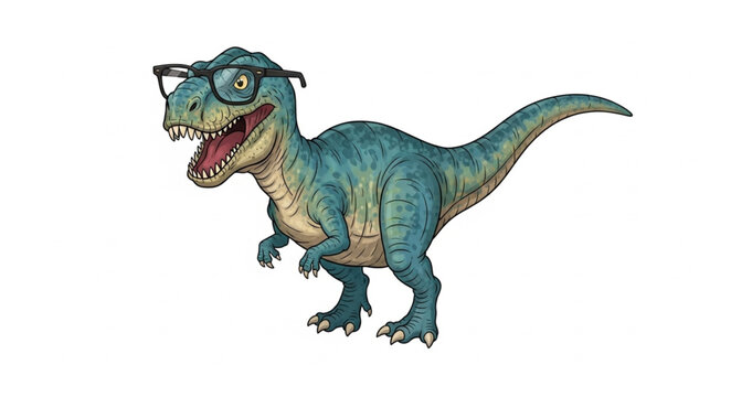 Funny Tyrannosaurus Rex dinosaur wearing glasses.