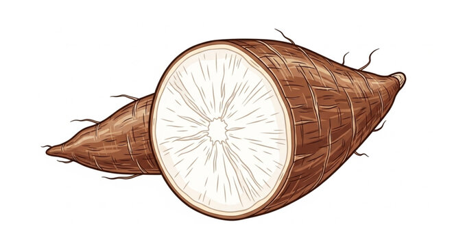 Fresh Cassava Root Vegetable Cut Open Showing White Interior.