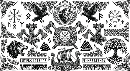 Norse mythology viking tattoo vector bundle with vegvisir compass valknut odin ravens fenrir wolves battle axes and longship © MSTNAJMA