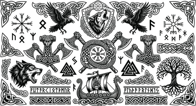 Norse mythology viking tattoo vector bundle with vegvisir compass valknut odin ravens fenrir wolves battle axes and longship