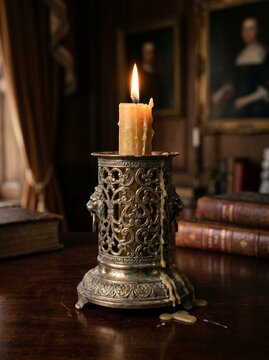 A single lit candle dripping wax onto an ornate brass candlestick sits on a wooden desk, evoking a sense of historical ambiance and quiet contemplation