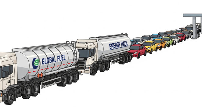 Fuel tanker trucks and cars lined up at a gas station.