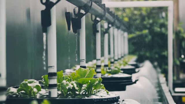 Green leafy plants growing in a controlled environment, receiving water and nutrients through an advanced hydroponic irrigation system for sustainable farming