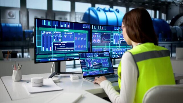 Female Engineer Operates The SCADA System Controlling The Power