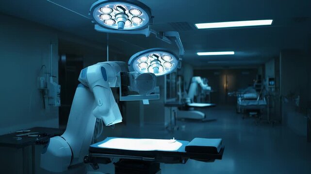 State of the art robotic surgical system in a sterile operating theatre, illustrating advanced medical automation, precision surgery, ai driven robotics, and futuristic healthcare innovation