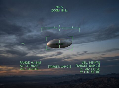 High-tech digital display actively tracking an enigmatic, ultra-realistic unidentified aerial phenomenon (UAP) in a dramatic twilight sky above a rugged mountain range