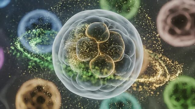 Intricate Cellular Structure With Vibrant Particles Depicting Cellular Division In Colorful Microcosm Background For Scientific Exploration and Education