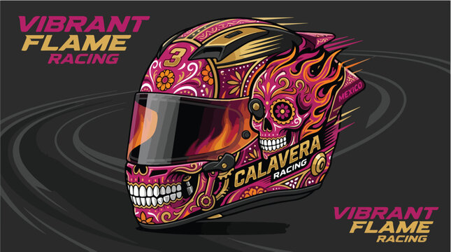 A vibrant pink and orange motorcycle helmet with a sugar skull design on a dark background with swirling lines.
