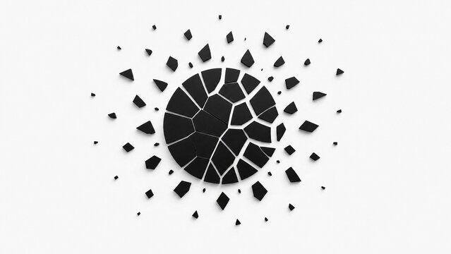 A complete circle breaking into irregular fragments, geometric decomposition process.