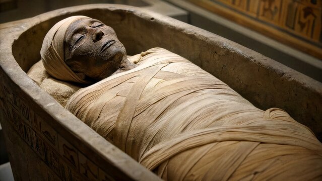 Ancient Egyptian mummy in stone sarcophagus with linen bandages, museum display.