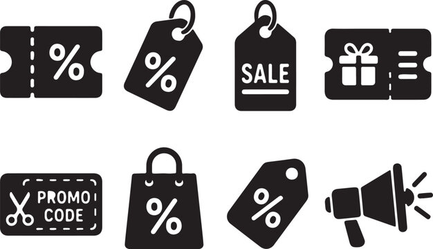 Black Friday sale icons, discount tags, promo code symbols, vector shopping labels