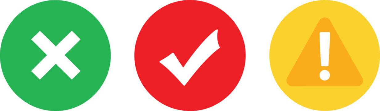 Set of check mark cross and warning sign icons for user interface design and status indicator symbols in flat style Vector