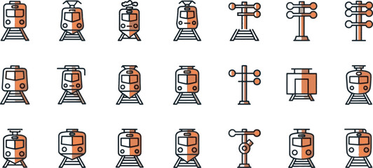 Railway transportation and train signal icon set, subway metro and logistics vector symbols bundle. © MAHDIHASAN