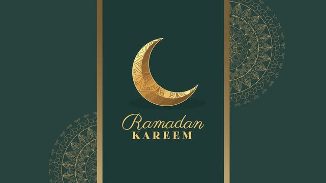 Ramadan kareem greeting motion graphic with golden moon and mandala pattern on green background.
